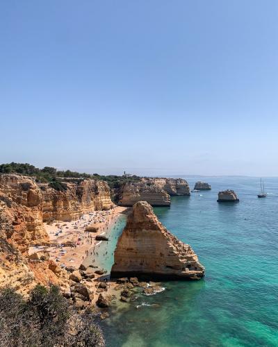 A breathtaking view of Algarve's cliffs and turquoise waters along the Faro District's coastline.