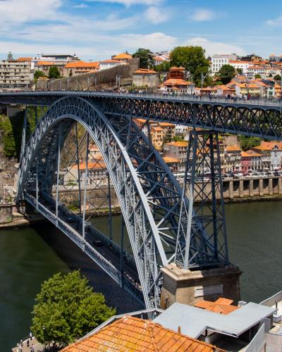 Scenic view of the Dom Luís I Bridge spanning the Douro River in Porto, Portugal.