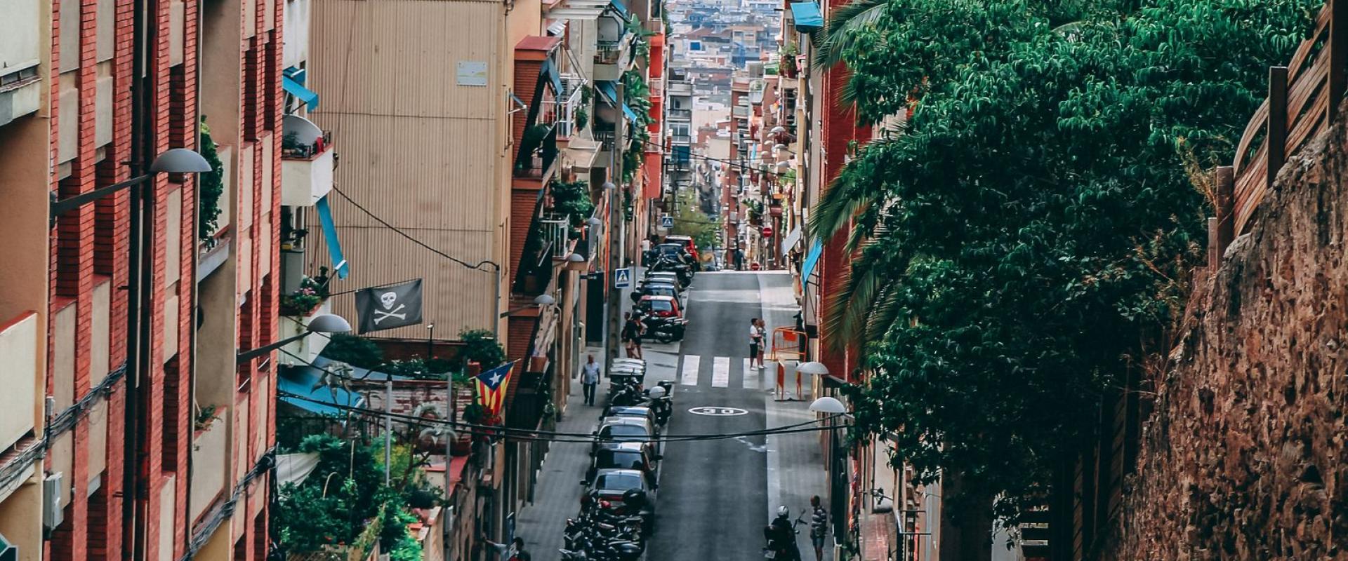 Free Captivating view of a vibrant street in Barcelona, highlighting urban architecture and everyday life. Stock Photo