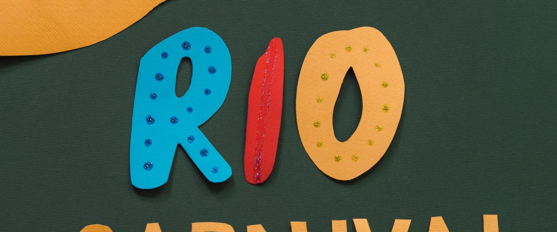 Vibrant paper cutout art celebrating Rio Carnival with colorful shapes and text.