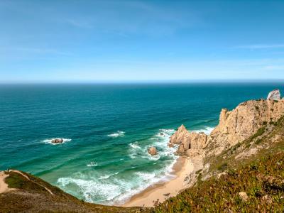 Clifftop view over the Atlantic coast near Cabo da Roca in the Serra de Sintra, Portugal