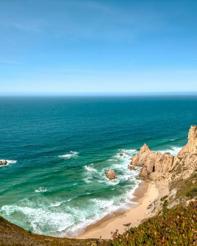 Clifftop view over the Atlantic coast near Cabo da Roca in the Serra de Sintra, Portugal