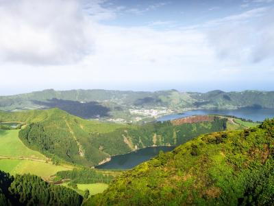 Twin crater lakes of Sete Cidades seen from above on Sao Miguel, Azores