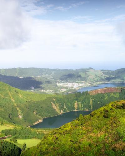 Twin crater lakes of Sete Cidades seen from above on Sao Miguel, Azores