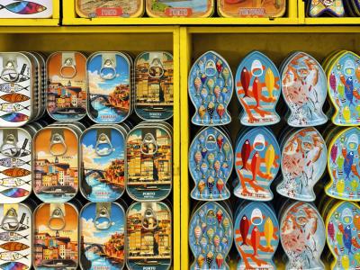 Colorful tinned sardine cans displayed in a Porto shop, Portugal