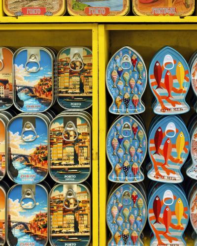 Colorful tinned sardine cans displayed in a Porto shop, Portugal