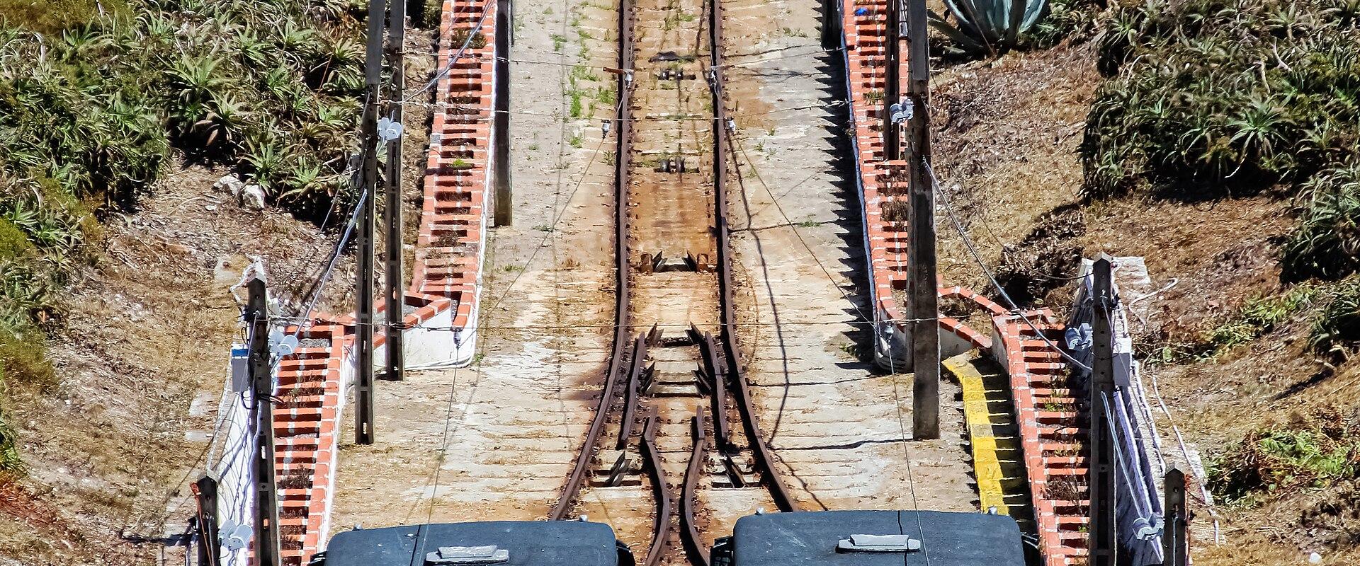 Cars of the Ascensor da Nazaré funicular on the slope between the beach and Sítio