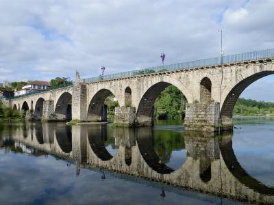 A long, multi-arched stone bridge spanning a wide river, featuring a modern metal railing along the top and purple flags attached to lamp posts, with buildings visible on the riverbank to the left.