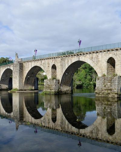 A long, multi-arched stone bridge spanning a wide river, featuring a modern metal railing along the top and purple flags attached to lamp posts, with buildings visible on the riverbank to the left.