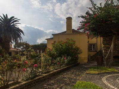 A yellow-walled building with a tiled roof and chimney, surrounded by a garden with palm trees, flowering bushes, and a cobblestone path.