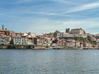 Ribeira waterfront and Porto Cathedral seen across the Douro River