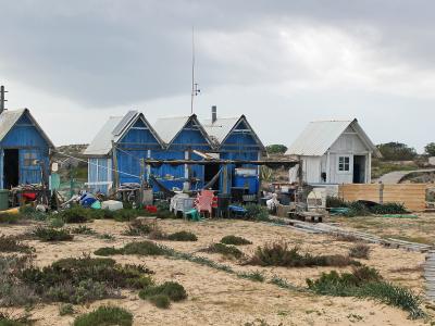 A cluster of rustic, blue and white wooden cabins and sheds situated on a sandy, scrub-covered dune landscape with a wooden boardwalk path leading towards them.