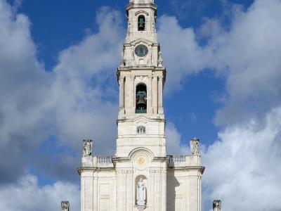 The white tower of the Basilica of Our Lady of the Rosary at Fátima