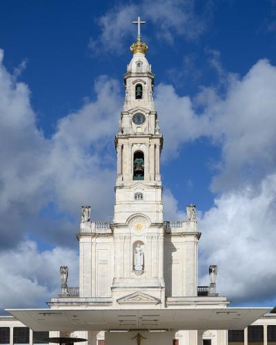 The white tower of the Basilica of Our Lady of the Rosary at Fátima