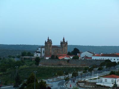 A wide shot of a large stone cathedral with two prominent towers and a fortified wall, situated on a hill overlooking a town and a riverbank promenade.