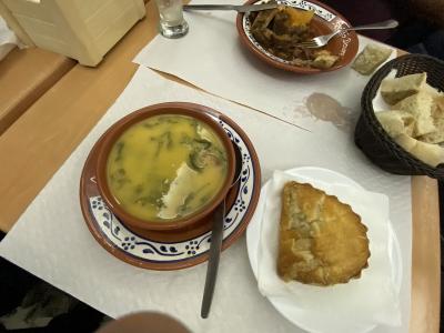 Caldo verde soup and pastry served at a restaurant in Ponta Delgada, Sao Miguel