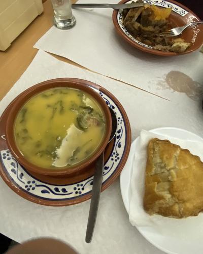 Caldo verde soup and pastry served at a restaurant in Ponta Delgada, Sao Miguel