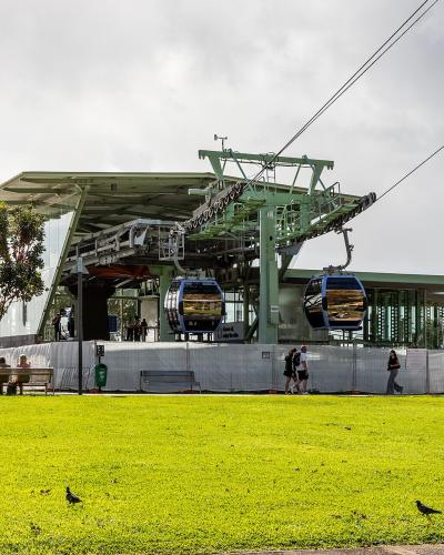 A cable car station with two blue gondolas at the lower terminal, featuring a green metal support structure, a glass-walled waiting area, and a grassy foreground with people and pigeons.