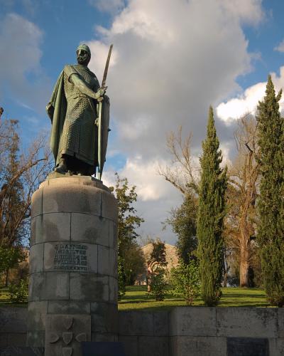 Bronze statue of King Afonso Henriques outside Guimaraes Castle, Portugal