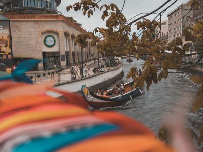 The image shows a Moliceiro boat with passengers navigating a canal, passing a building with a "MAUS CINE" sign, framed by autumn leaves.