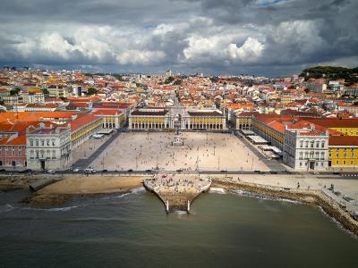 Aerial view of Praca do Comercio square on the Tagus riverfront, Lisbon