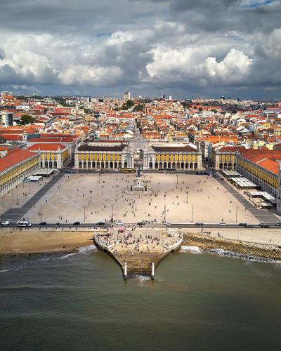 Aerial view of Praca do Comercio square on the Tagus riverfront, Lisbon