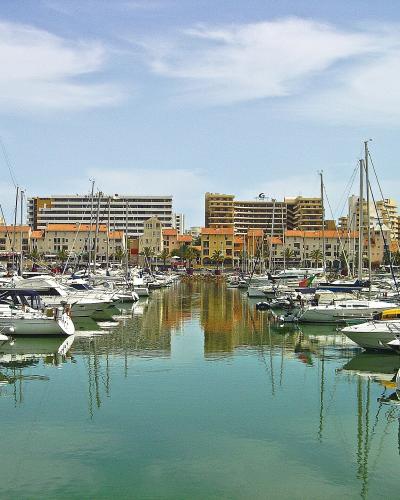 Yachts and sailboats moored in Vilamoura Marina with waterfront buildings behind