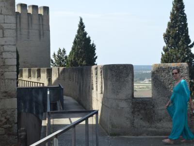 A woman in a blue dress walks along an outdoor stone rampart walkway with modern metal railings, overlooking a flat landscape with trees.
