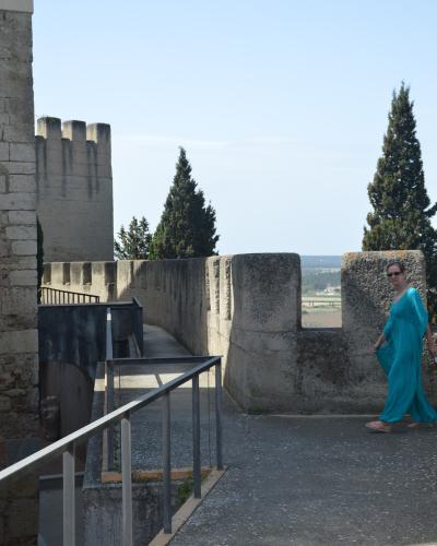 A woman in a blue dress walks along an outdoor stone rampart walkway with modern metal railings, overlooking a flat landscape with trees.