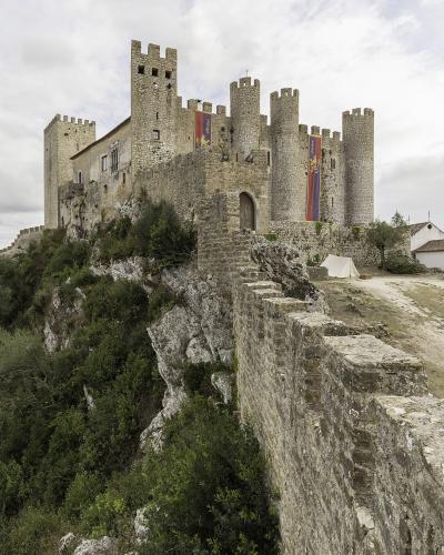 A medieval stone castle with multiple cylindrical towers and crenellated walls situated on a rocky hilltop, featuring large vertical banners hanging from the facade and a stone wall leading up to the entrance.