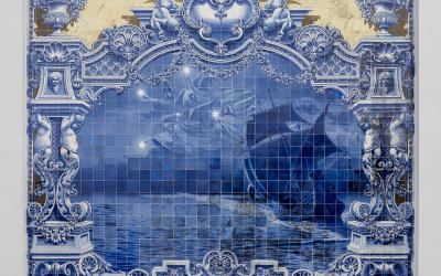 A large blue-and-white azulejo tile panel depicting a sailing ship under a night sky with stars, framed by ornate architectural motifs and inscribed with "CRUZEIRO DO SUL" at the bottom.