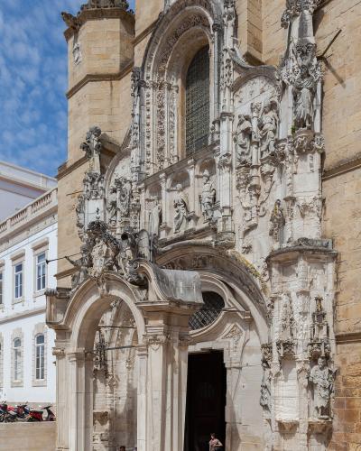 Manueline portal and facade of Santa Cruz Monastery in Coimbra, Portugal