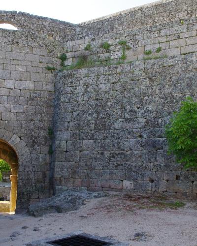 A view of the interior courtyard of a stone fortress featuring a large arched gateway, high masonry walls, and a small tree.