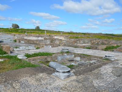 The image shows the archaeological remains of a Roman villa featuring stone foundations, column bases, and mosaic floor fragments under a blue sky.
