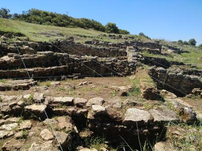 The image shows the stone foundations and excavated ruins of an ancient settlement on a grassy hillside, marked by thin white strings used for archaeological grid mapping.