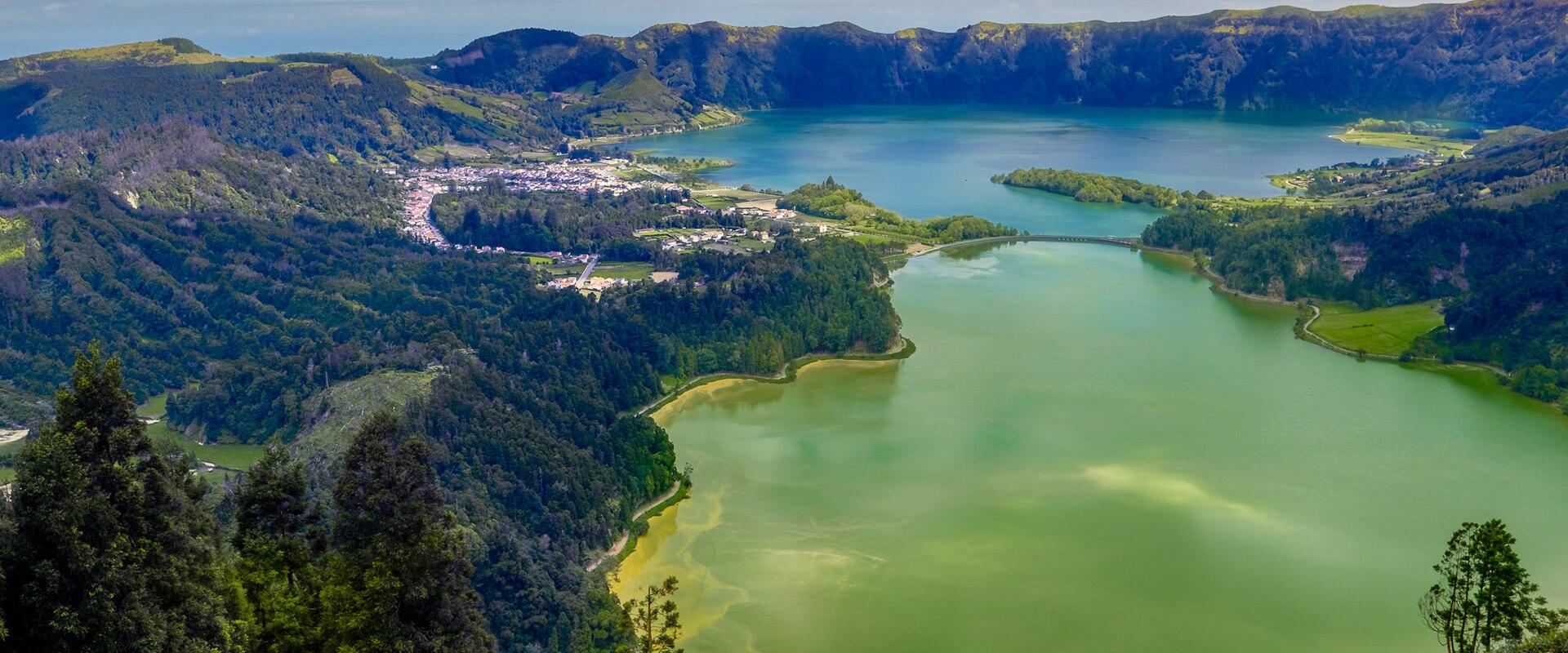 The green and blue crater lakes of Sete Cidades on São Miguel, Azores