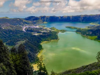 The green and blue crater lakes of Sete Cidades on São Miguel, Azores