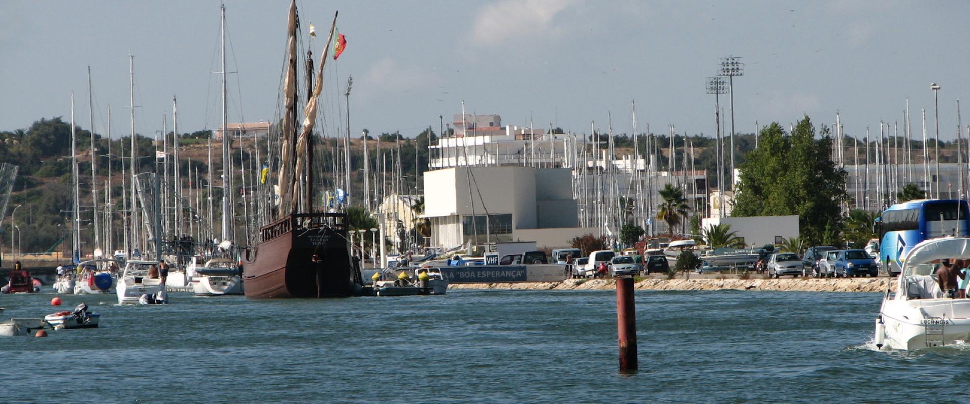 Lagos harbour and marina with a replica caravel, Algarve, Portugal