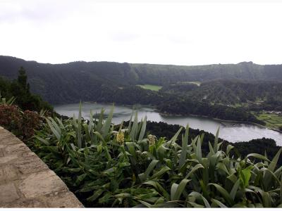 A scenic viewpoint overlooking a large body of water surrounded by green volcanic hills, with a stone wall and tropical-looking plants in the foreground.