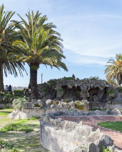 Palm trees and grotto at Jardim do Morro park in Vila Nova de Gaia, overlooking Porto