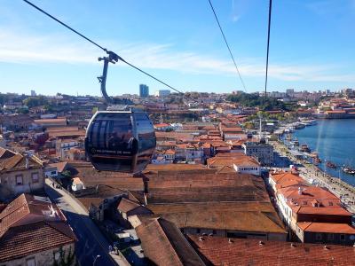 Teleferico de Gaia cabin above Vila Nova de Gaia rooftops and the Douro River, Porto