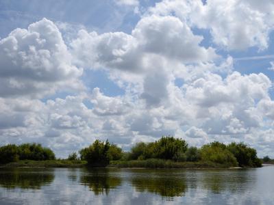 A wide river scene featuring a low, vegetated island or sandbank in the middle distance, with its reflection visible in the calm water under a sky filled with large white cumulus clouds.