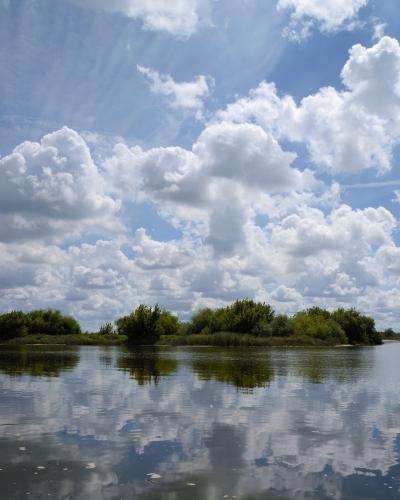 A wide river scene featuring a low, vegetated island or sandbank in the middle distance, with its reflection visible in the calm water under a sky filled with large white cumulus clouds.
