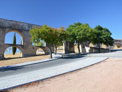 A low-angle view of a long, multi-tiered stone aqueduct with rounded arches running parallel to a paved road lined with trees under a clear blue sky.