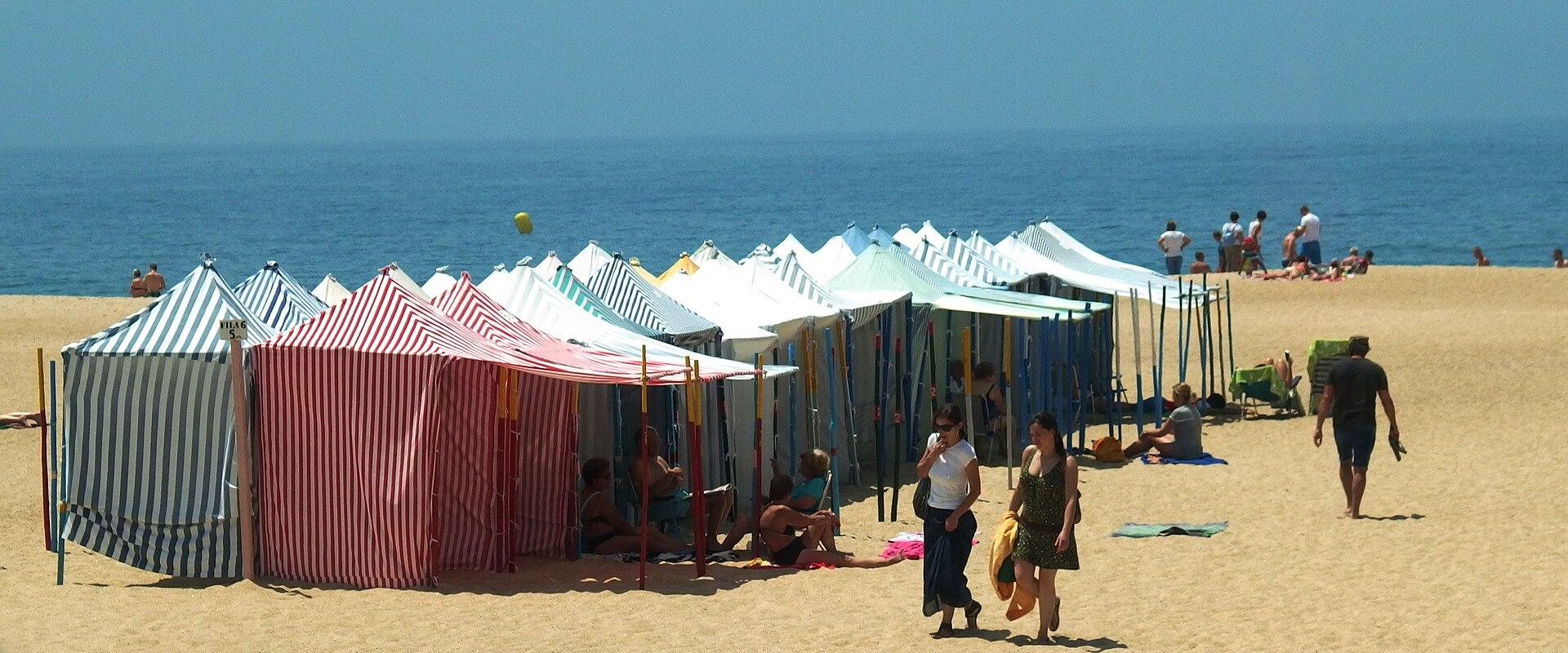 Traditional striped beach tents on Praia da Nazaré