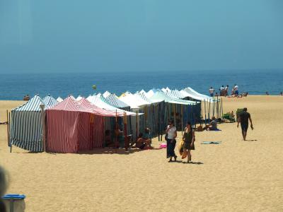 Traditional striped beach tents on Praia da Nazaré