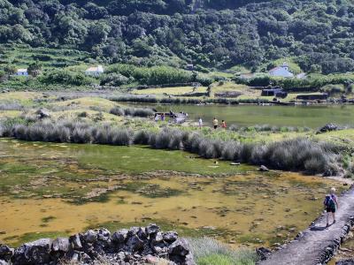 A view of a coastal lagoon with green and brown water, surrounded by grassy vegetation, stone walls, and a path with people walking, set against a backdrop of a lush green hillside with a few buildings.