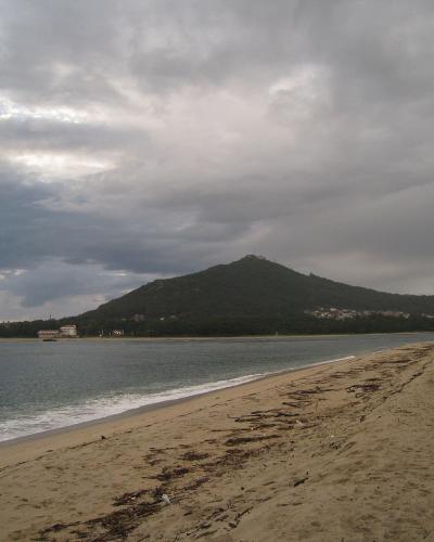 A wide sandy beach with driftwood in the foreground, a body of water to the left, and a large, conical, forested hill rising in the background under a cloudy sky.