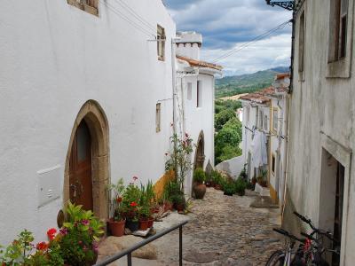Whitewashed steep lane with flowers in the Jewish quarter of Castelo de Vide