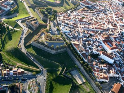 An aerial photograph showing the extensive star-shaped fortifications, green glacis, and dense urban area of a historic fortified city.